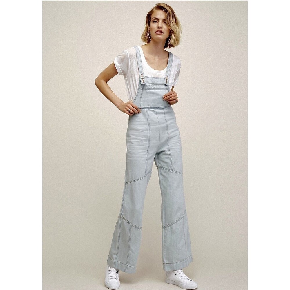 Free People 70s 100% Cotton Light Wash Wide Leg Denim Overalls Jumpsuit 27